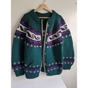 Vtg Chunky Wool Cardigan Sweater Ecuador Pockets Unisex Oversize Cottage Core
